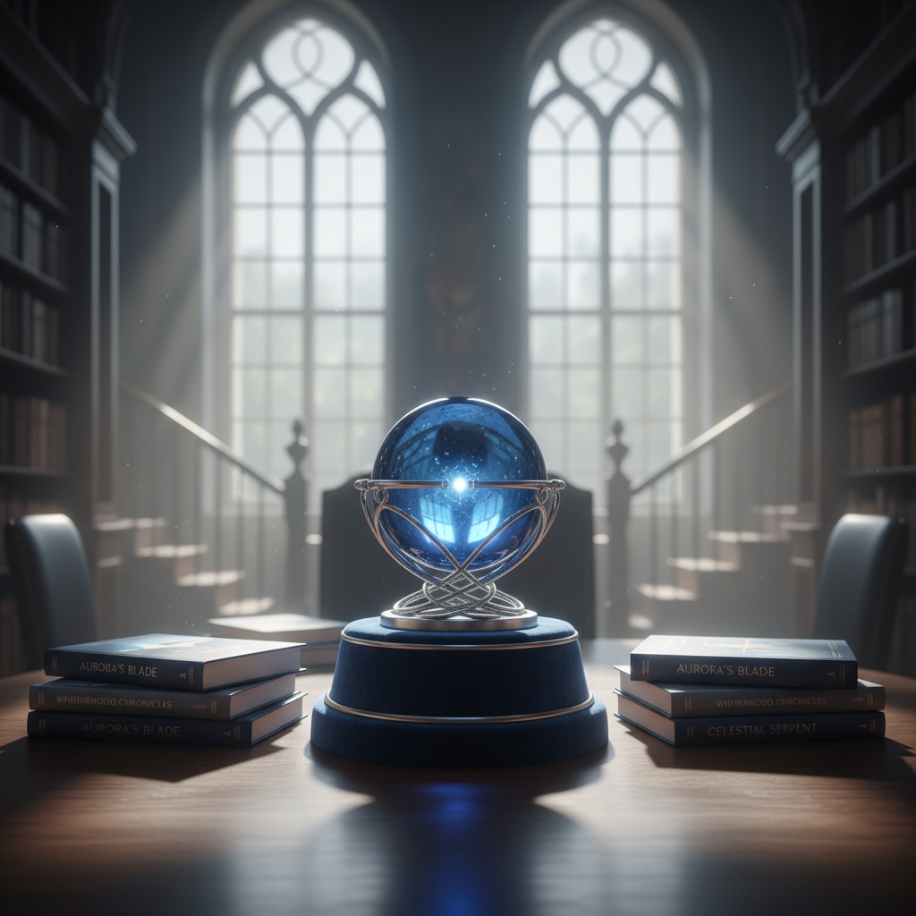 A blue crystal ball, placed on a stand, sit atop a wooden desk in a large library room decorated with sarah j. maas books.