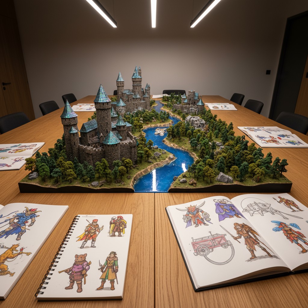 A fantasy-themed tabletop game or diorama, featuring a miniature castle, river, and trees, with illustrated character sket...